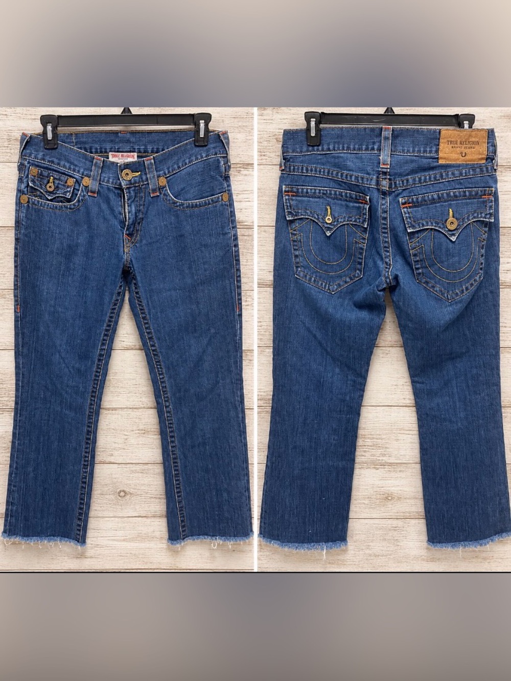 True Religion Women’s Dark Wash Blue Flap Horseshoe Pockets Size 32 USA